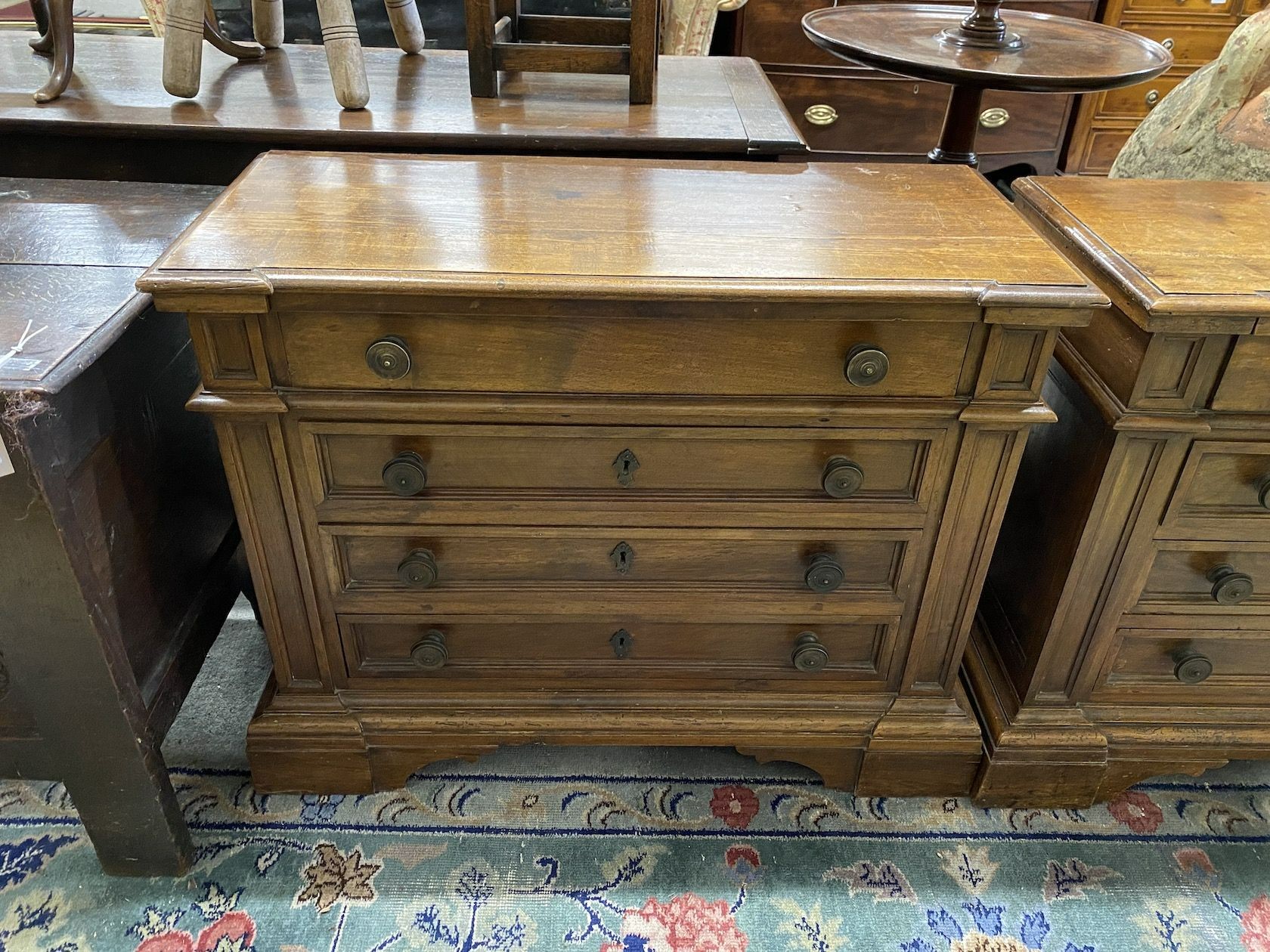 A pair of 18th century style Italian walnut low four drawer chests, width 89cm, depth 40cm, height 70cm